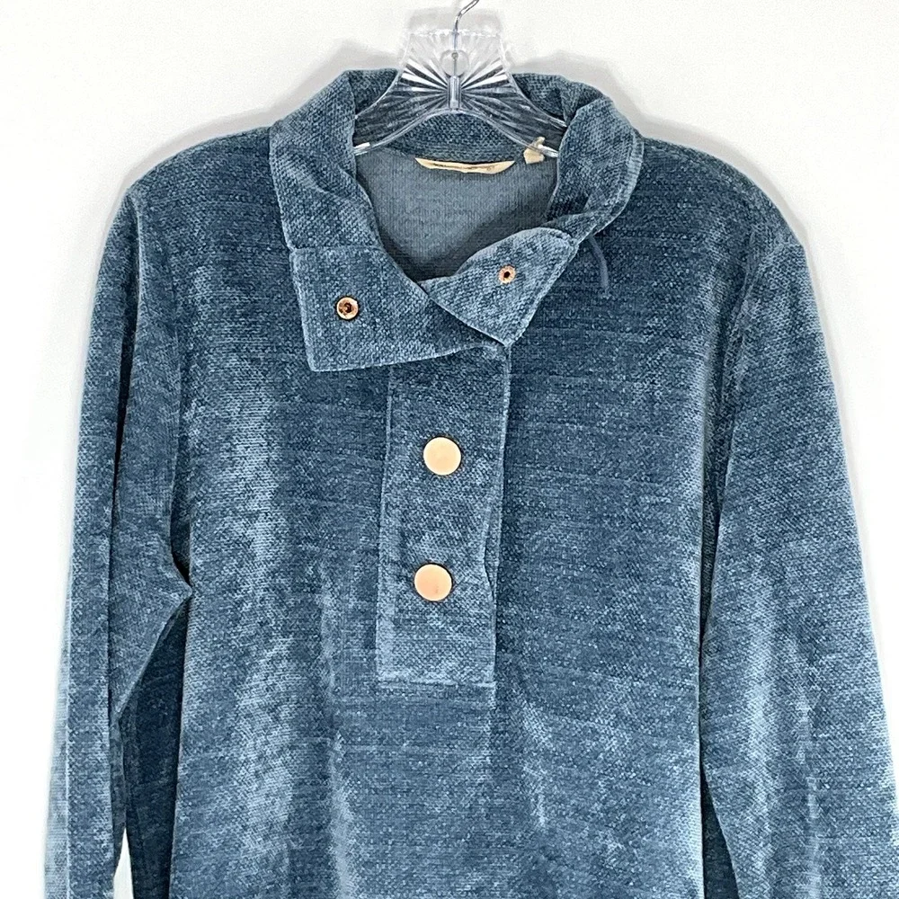 Soft Surroundings Sweater‎ Women L Blue Velor Gold Buttons St Germain Pullover